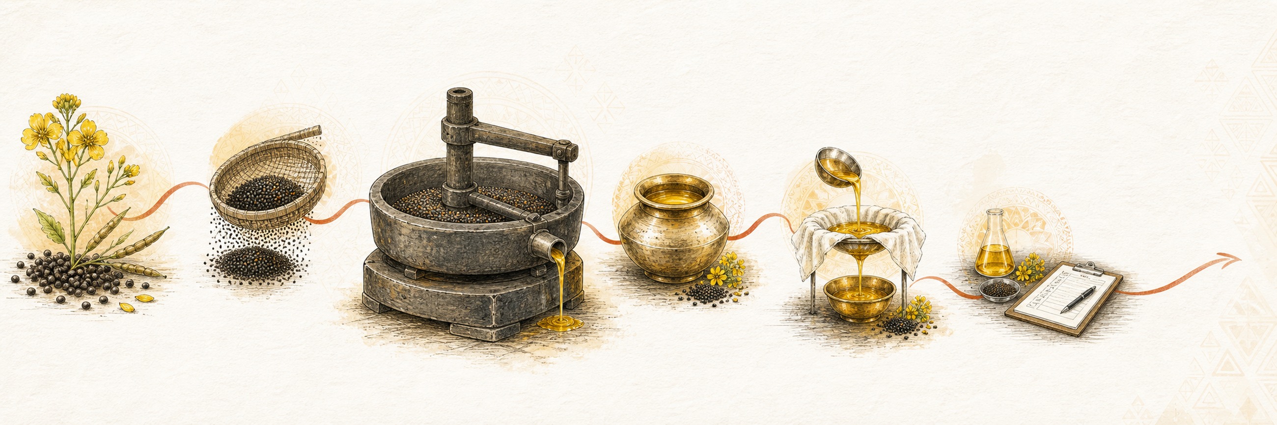 Hand-drawn mustard oil process mural showing seed selection, cleaning, process care, settling, filtration and quality review